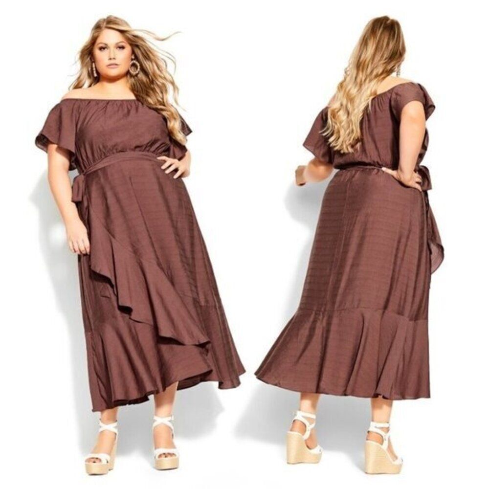 City Chic Women's Flirty Ruffle Wrap Lined Party‎ Maxi Dress Size14 Whimsy Brown